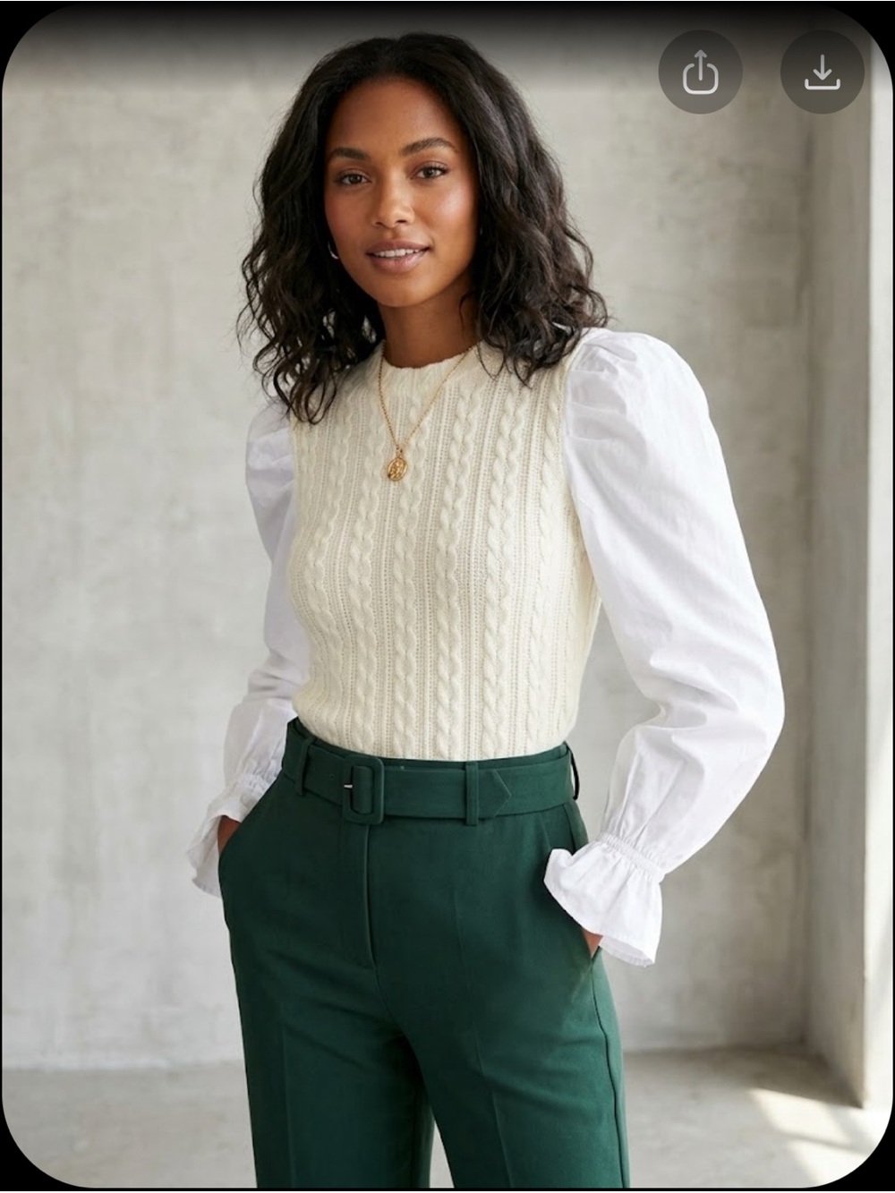 Cream Cable-Knit Shell with White Puff Sleeves